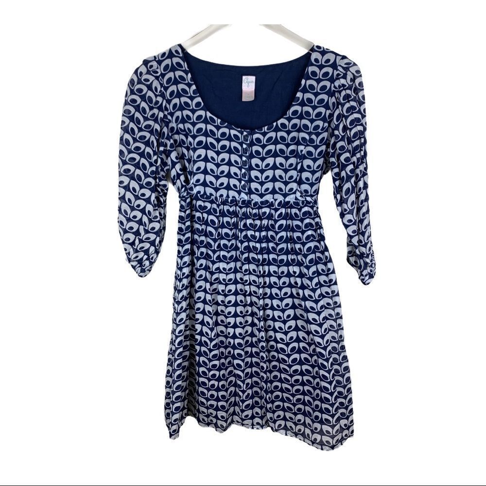 Aqua Blue/White Sheer Print Boho Babydoll Dress‎